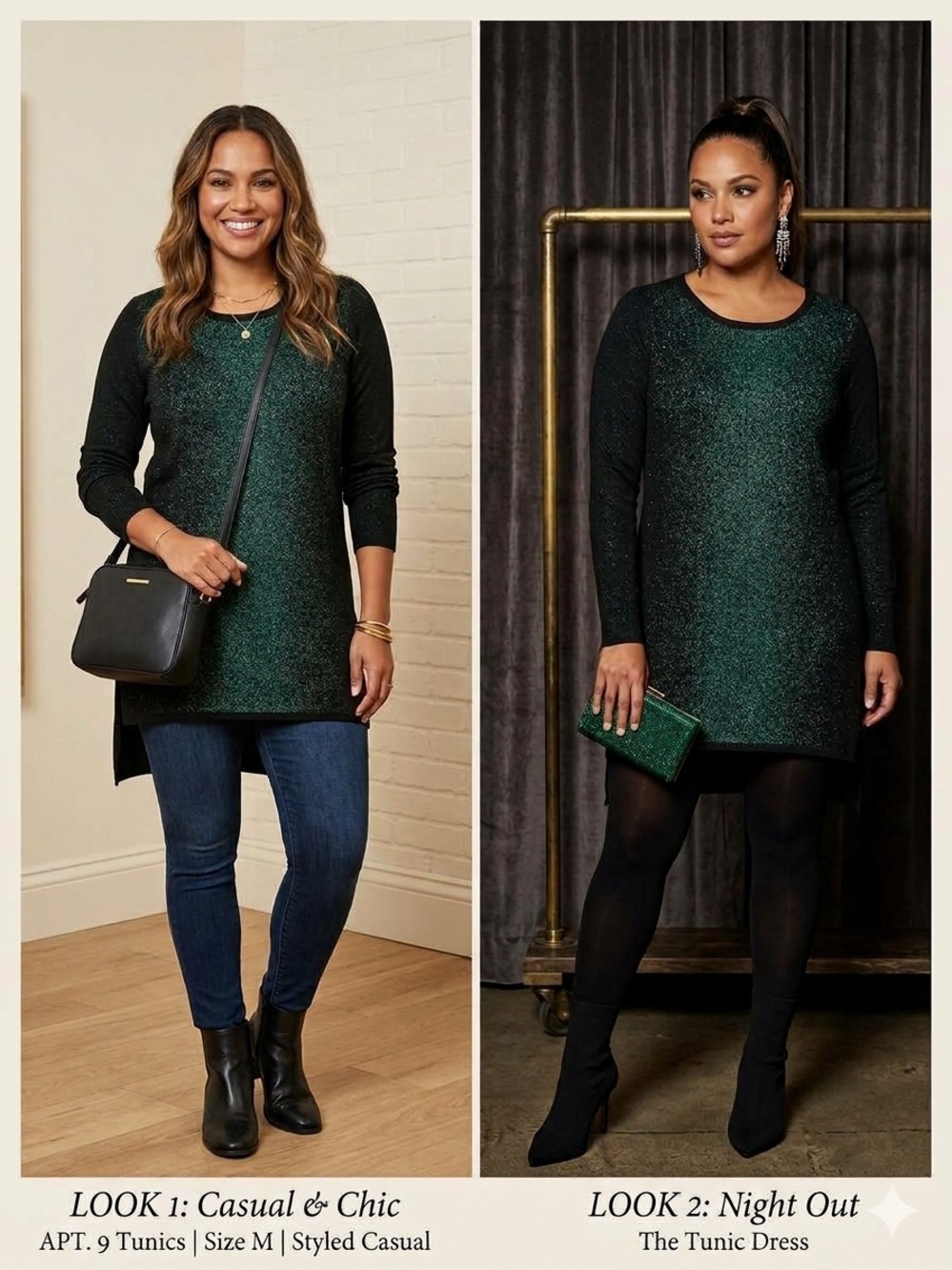 Apt. 9 Metallic Dark Green Crew Neck Tunic Sweater